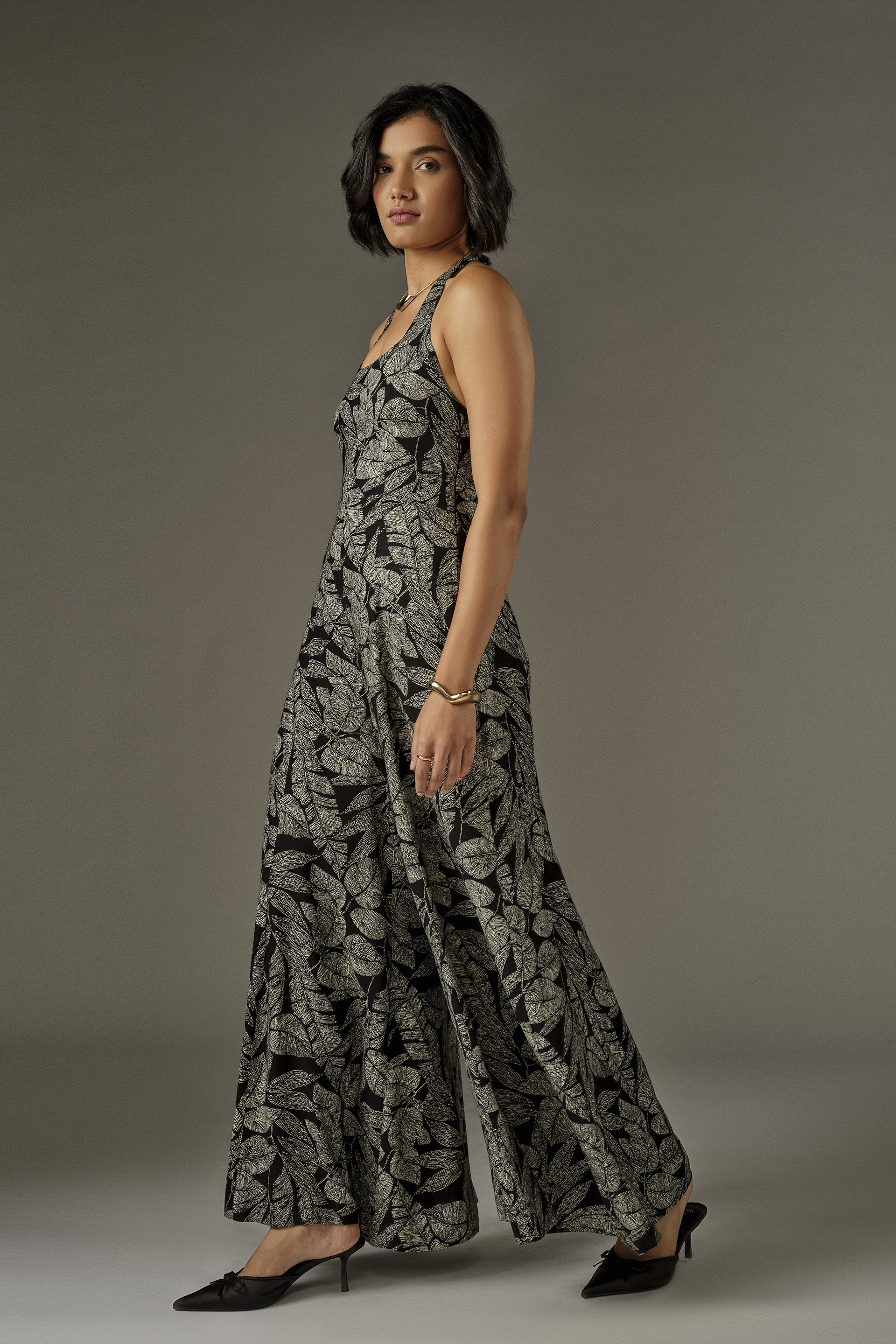 Flared Leaf Print Jumpsuit in Black, Black, image 5